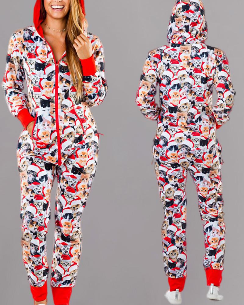 

Christmas Hooded Long Sleeve Casual Jumpsuit, White