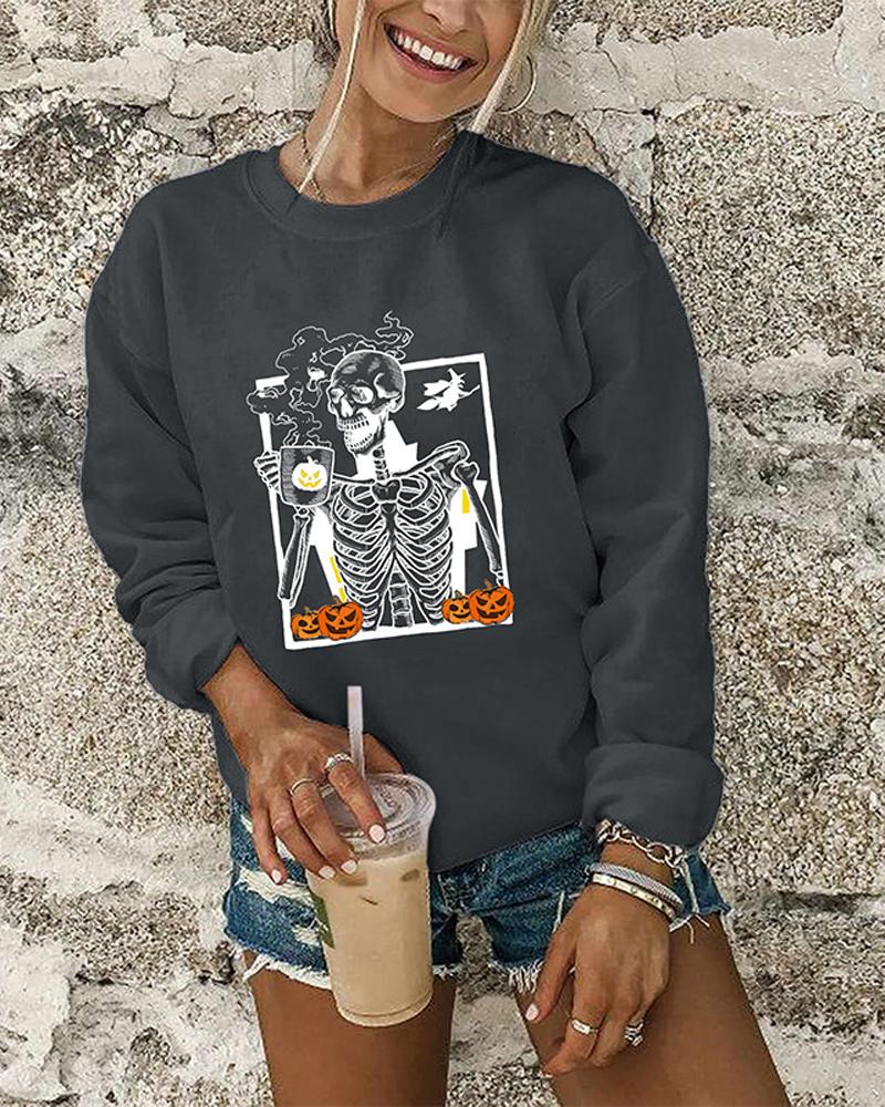

Halloween Pumpkin Skeleton Print Long Sleeve Top, Dark grey
