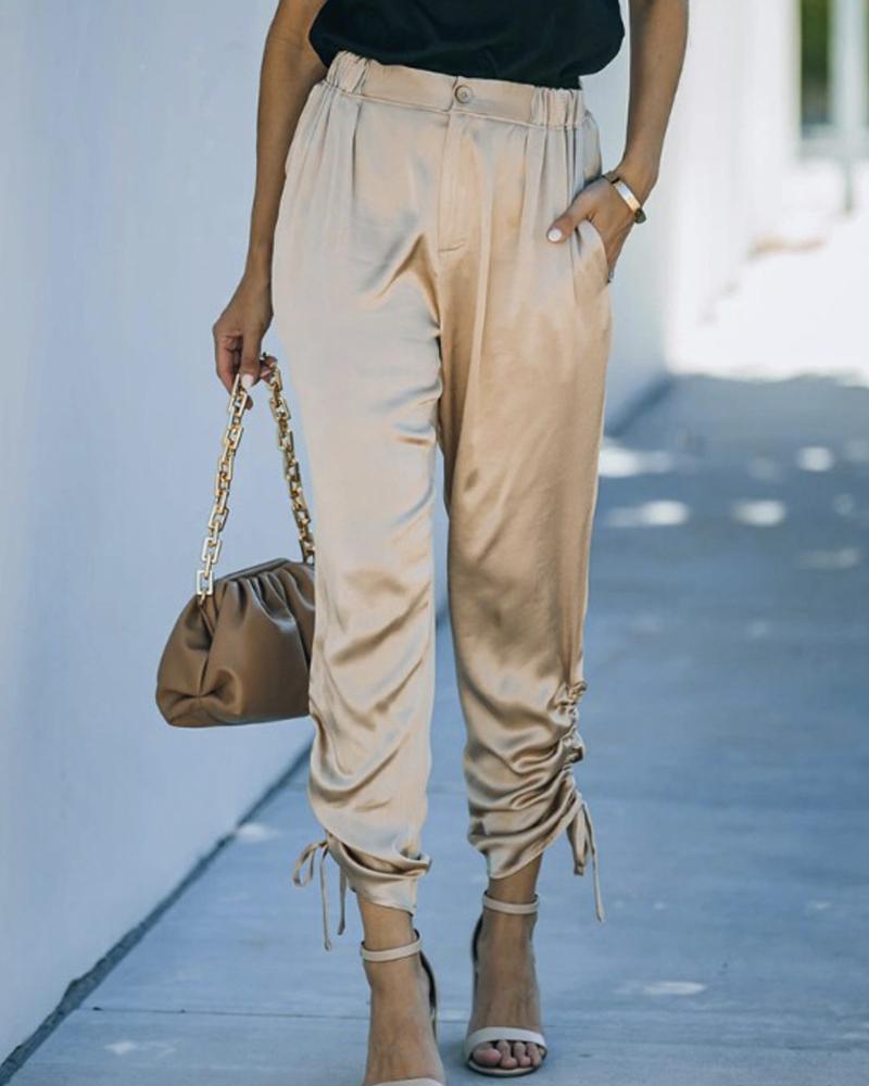 

Solid Color Drawstring Ruched Pants, Khaki