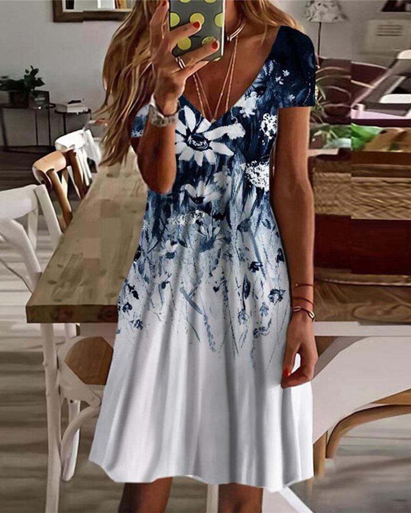 

Floral Print V-Neck Casual Dress, White