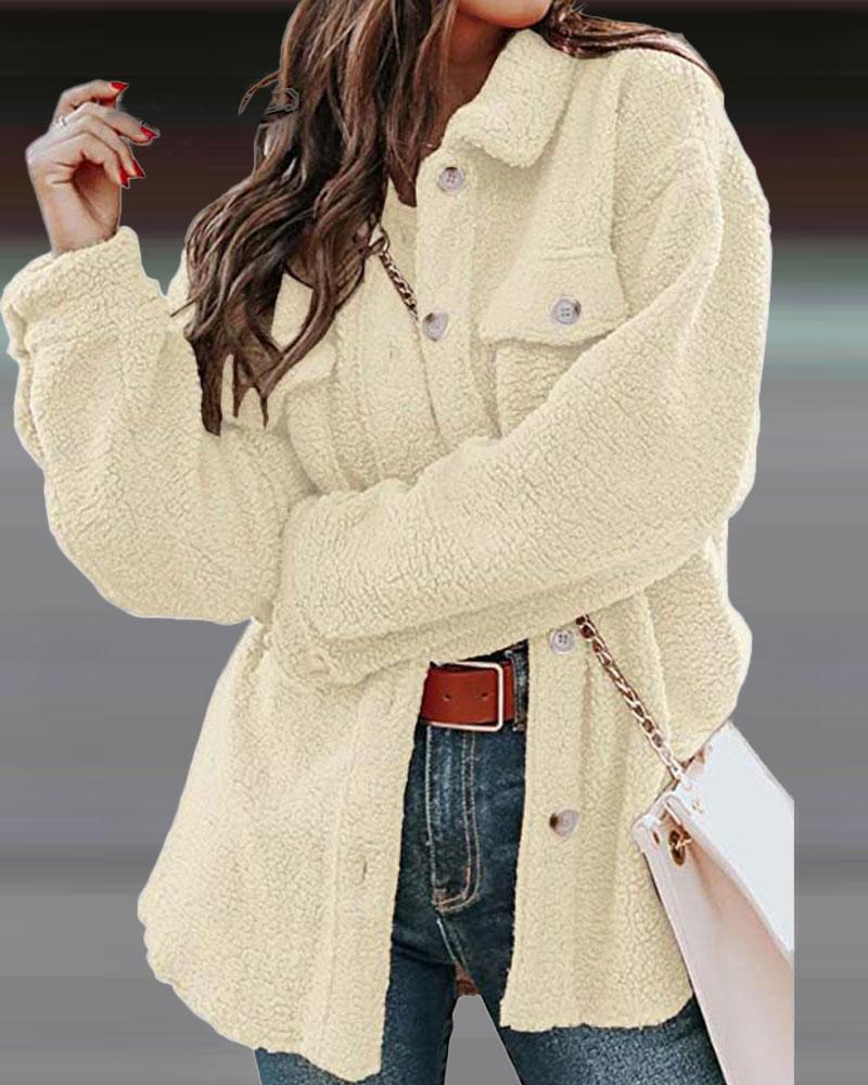 

Long Sleeve Button Down Teddy Shacket, Apricot