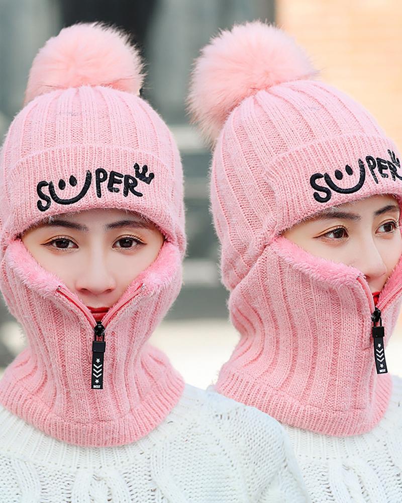 

Letter Pattern Zip Cutout Pom Pom Cuffed Beanie, Pink