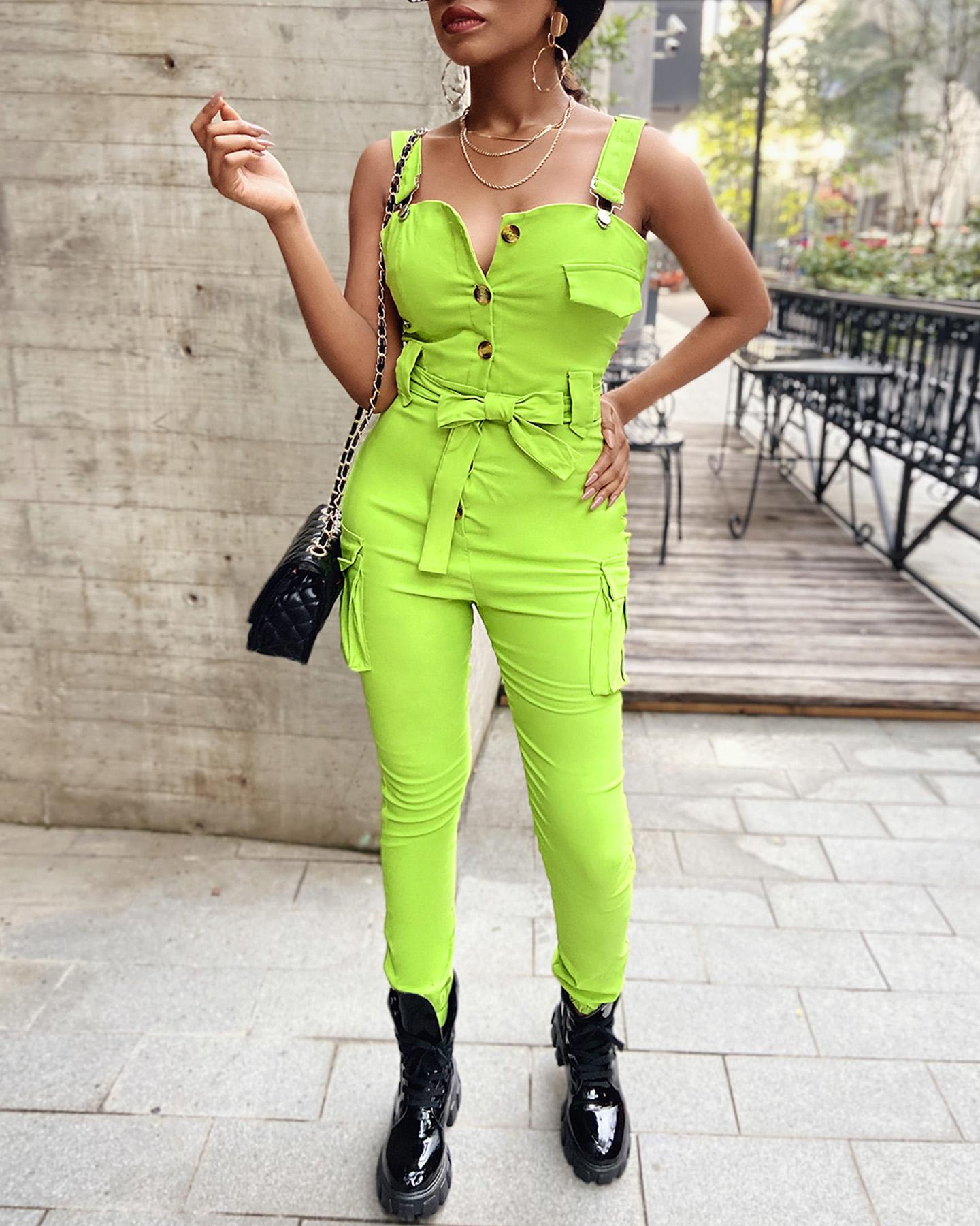 

Buttoned Pocket Design Sleeveless Jumpsuit, Green
