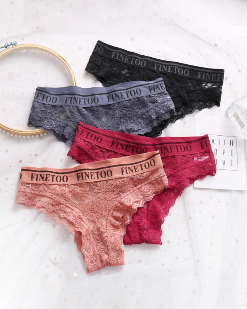 

Letter Print Breathable Floral Lace Panty, Red