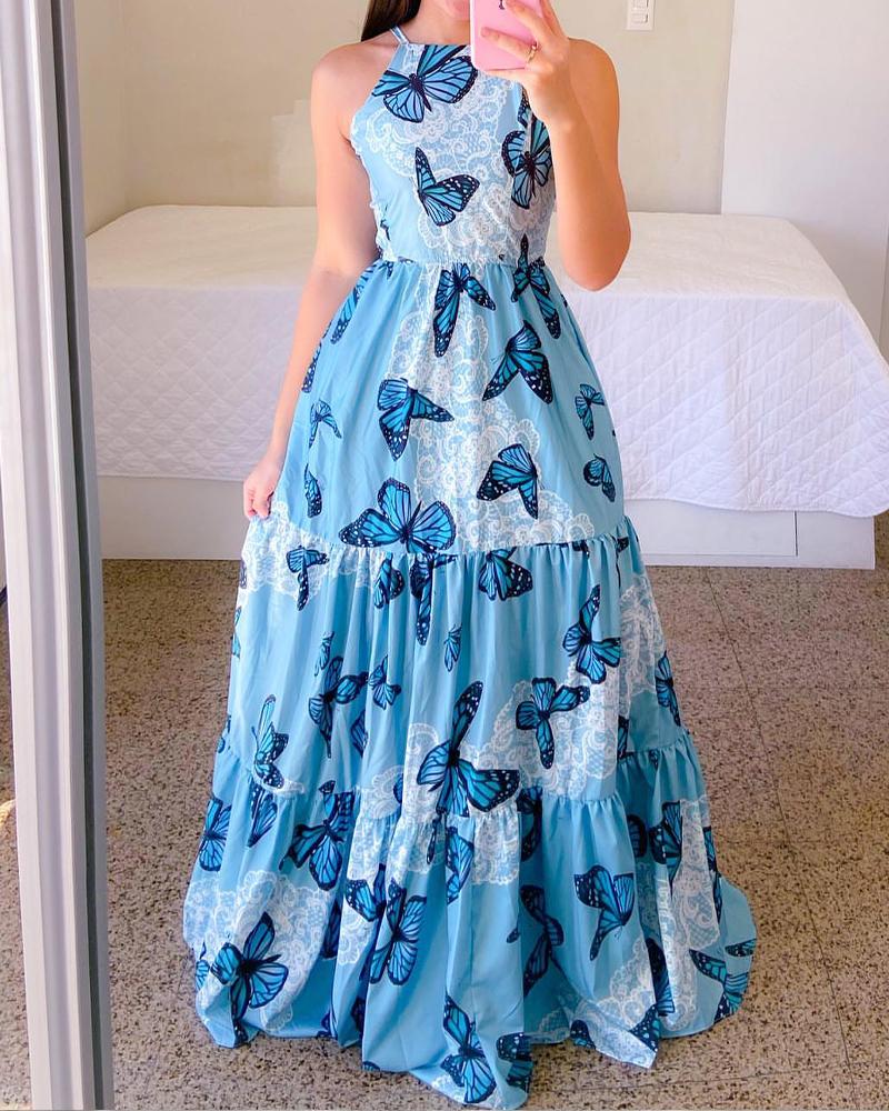 

Butterfly Print Ruffle Hem Maxi Dress, Blue