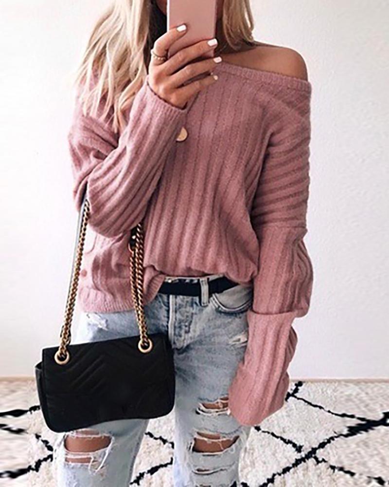 

Solid Long Sleeve Casual Sweater, Pink