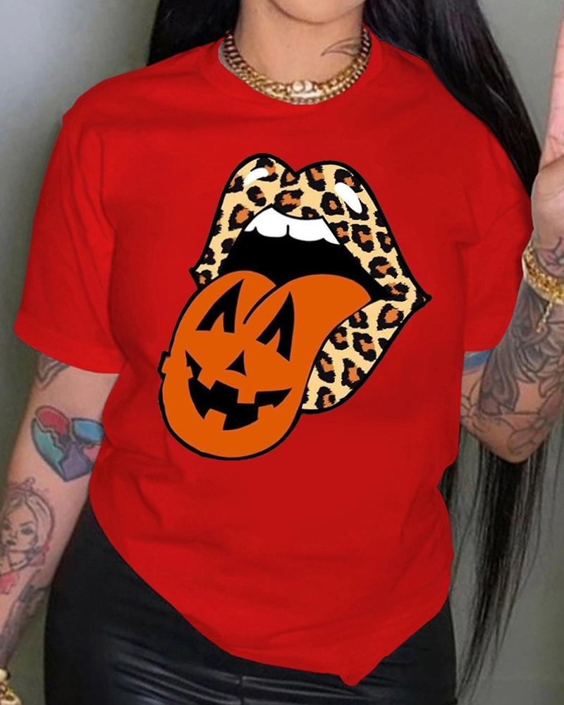 

Halloween Graphic Lip Print Casual T-shirt, Red