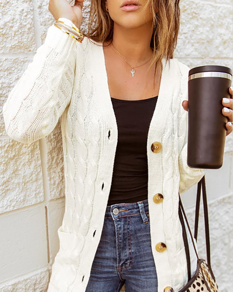 

Plain Pocket Button Design Long Sleeve Braided Knit Cardigan Casual Long Sweaters, White