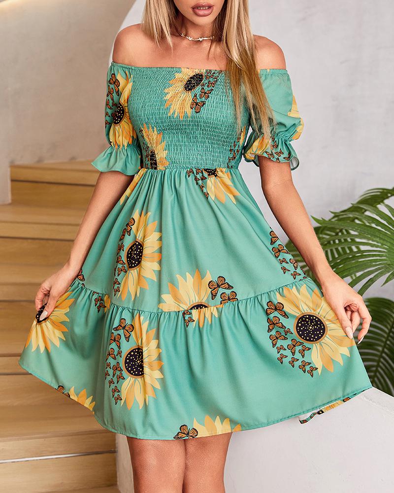 

Sunflower Butterfly Print Off Shoulder Swing Dress, Green