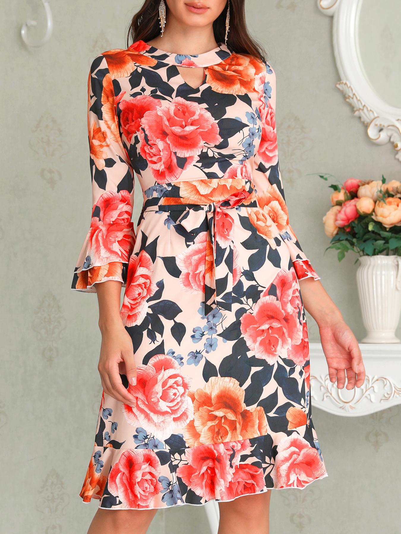 

Floral Print Cutout Ruffles Flared Sleeve Casual Dress, Multicolor