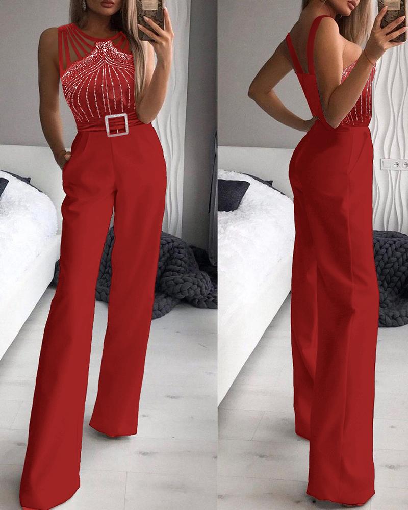 

Multi Strap Sleeveless Rhinestone Bootcut Jumpsuit, Red