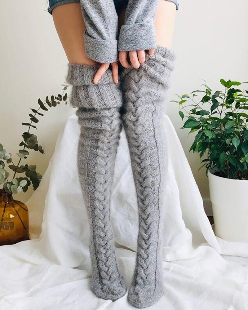

Braided Knit Over The Knee Socks, Gray
