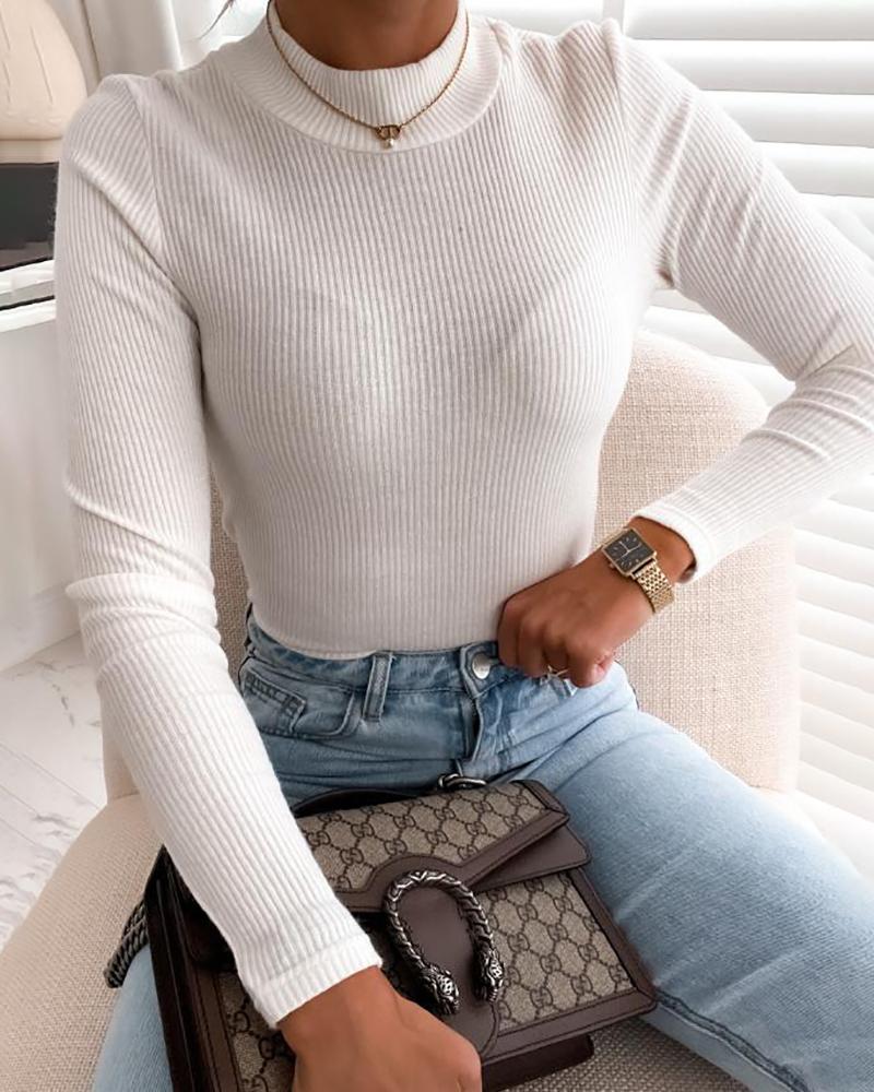 

O Neck Long Sleeve Knit Top, White