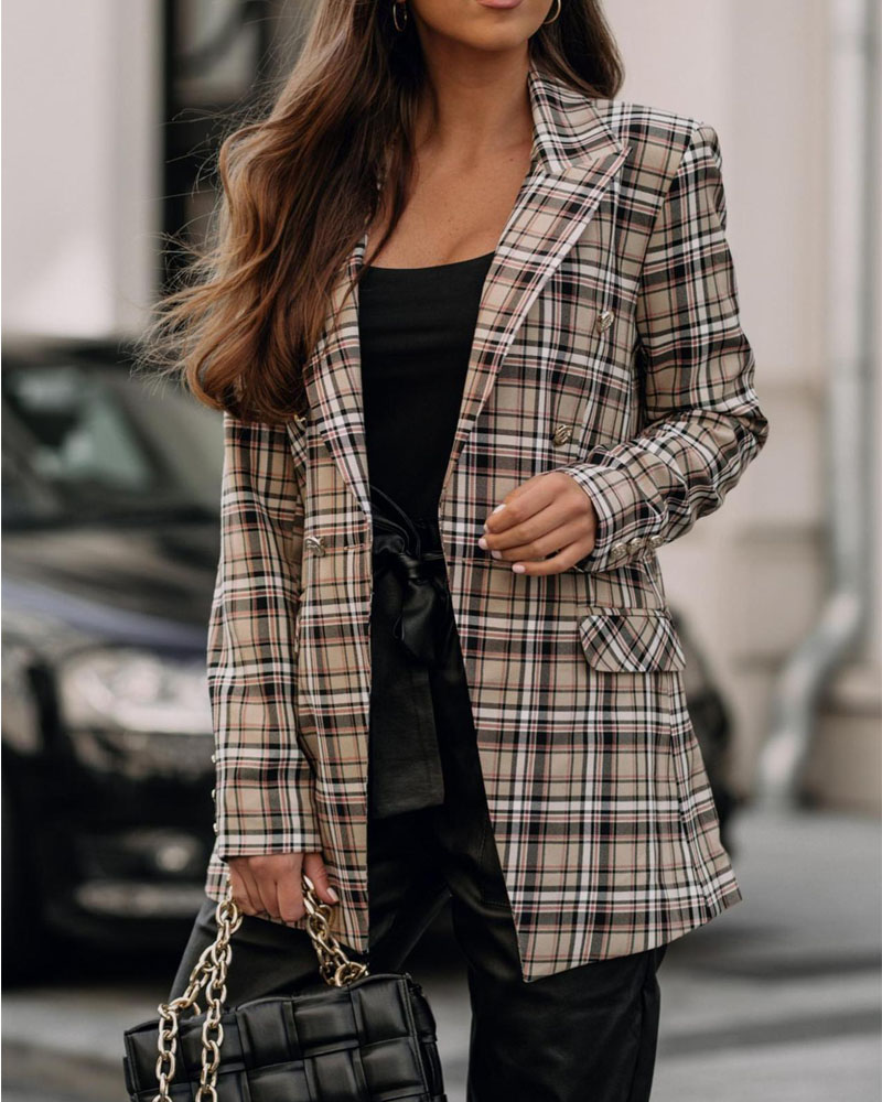 

Plaid Print Double Breasted Flap Detail Blazer, Khaki