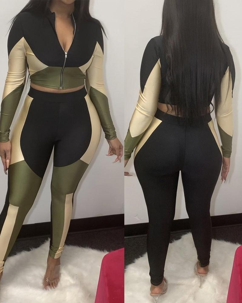 

Colorblock Zipper Design Top & High Waist Pants Set, Black