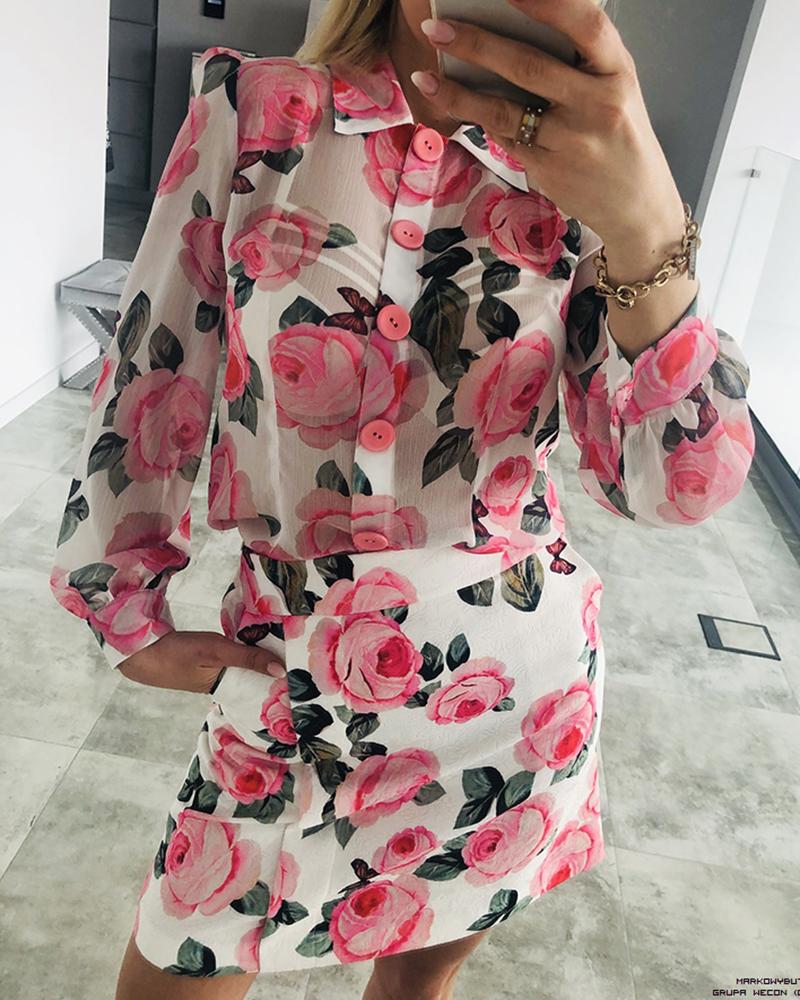 

Floral Print Puff Sleeve Shirt & Skirt Set, Pink