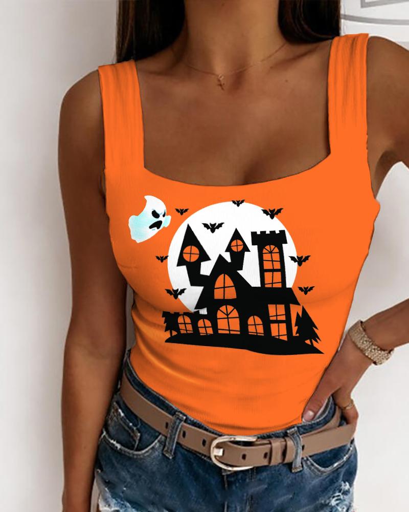 

Halloween Castle Bat Print Tank Top, Orange