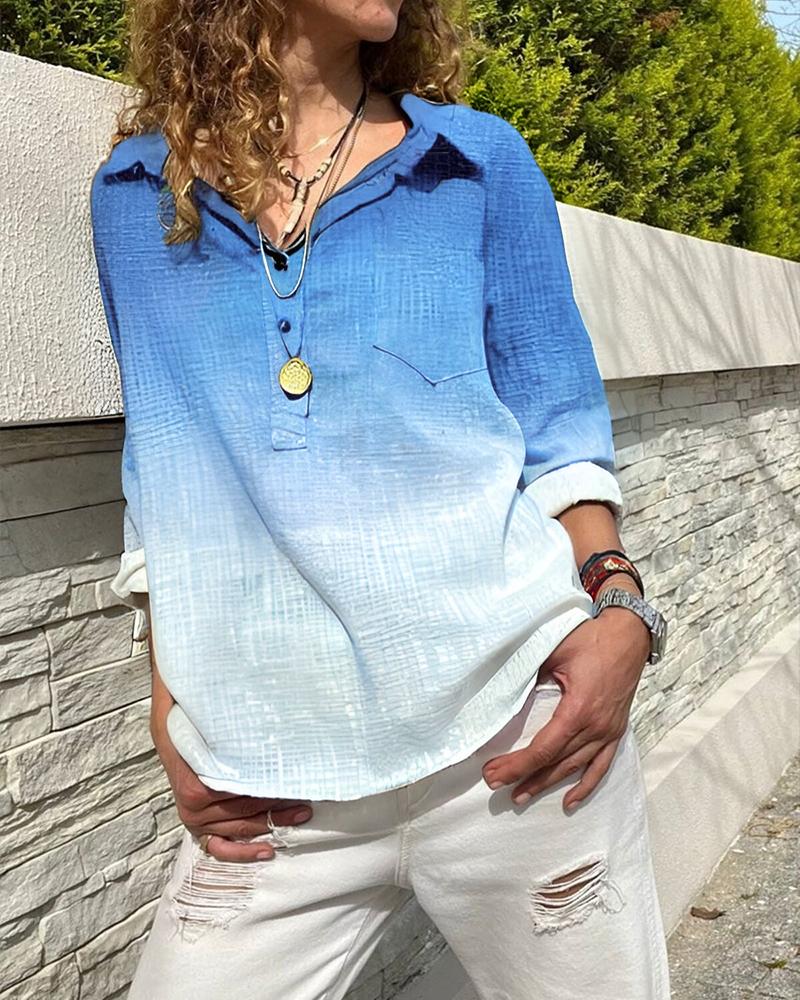 

Chemise décontractée à col rabattu ombré, manches retroussables et demi-boutonnage, avec poches et coupe ample., Blue