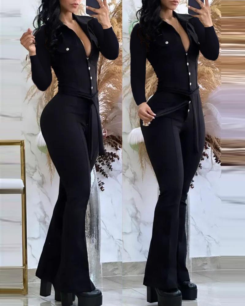 

Buttoned Tied Detail Flared Jumpsuit, Black