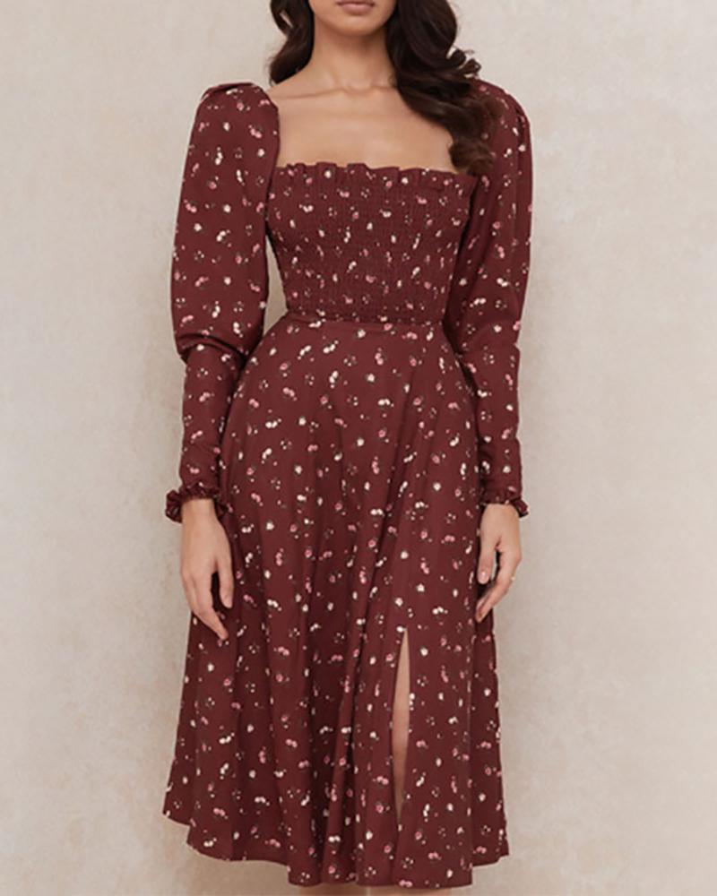 

Ditsy Floral Print Shirred Frill Hem Slit Dress, Wine red