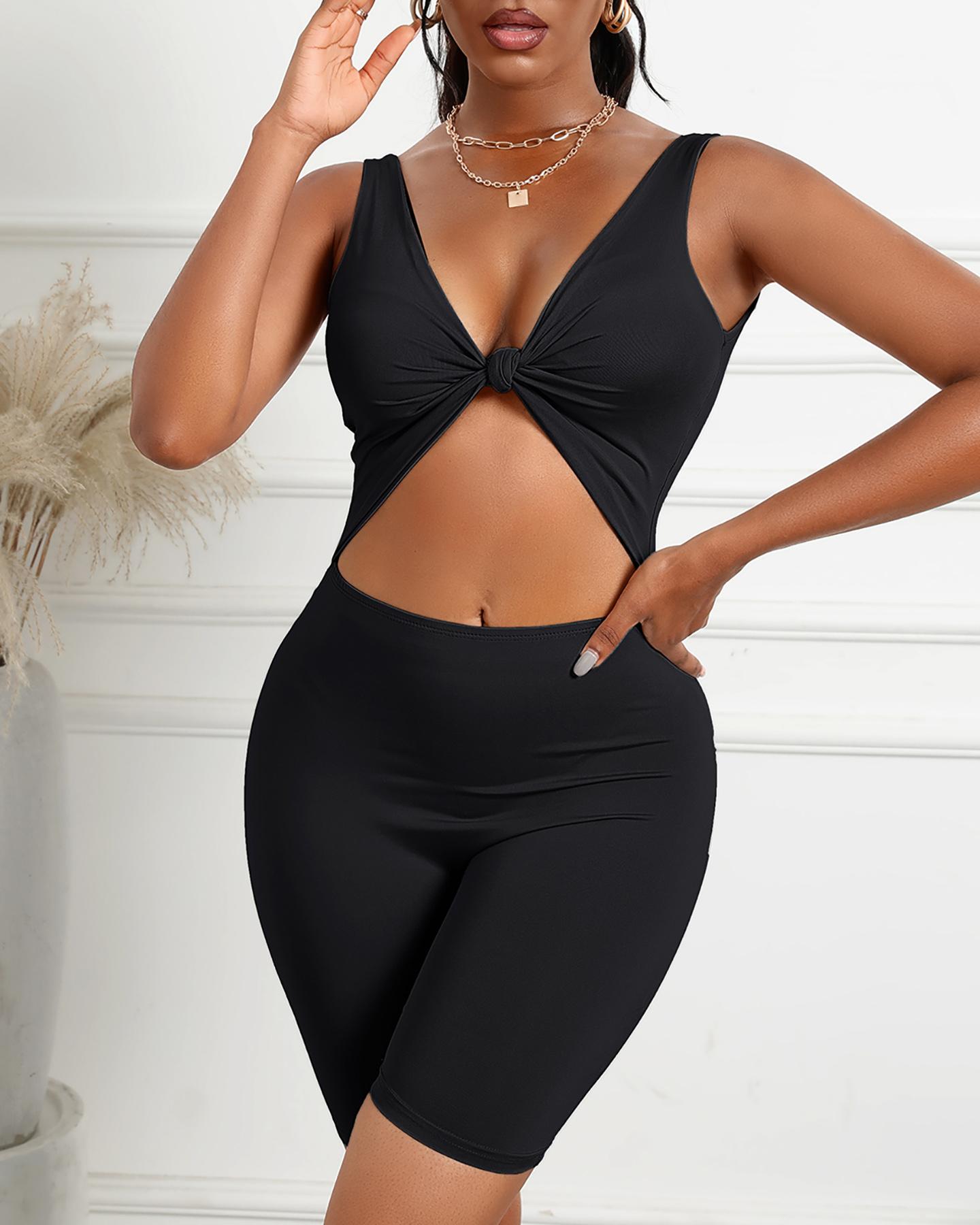 

Solid Color Cross Strap Sleeveless Skinny Rompers, Black
