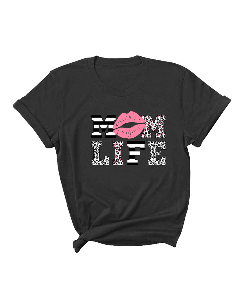 

Mother' Day Lip Letter Cheetah Print Short Sleeve T-Shirt, Black