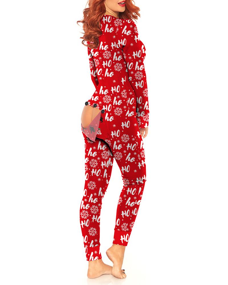 

Christmas Letter Print Functional Buttoned Flap Adults Pajamas, Red