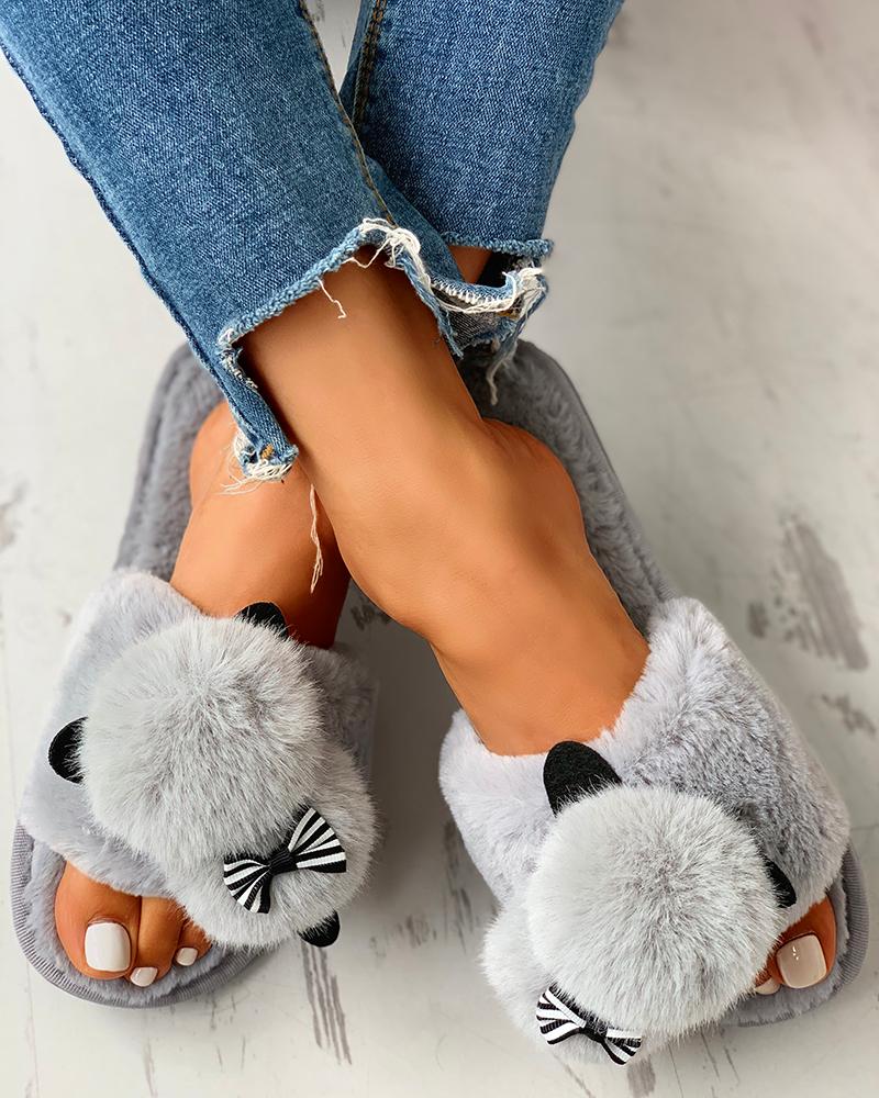 

Fluffy Pom Pom Bowknot Embellished Open Toe Flat Slippers, Gray