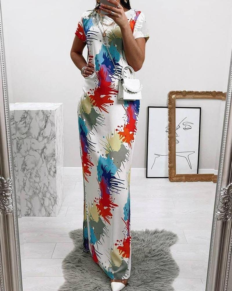 

Ink Splash Print Short Sleeve Slit T-shirt Dress, White