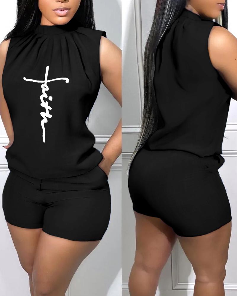 

Letter Print Casual Tank Top & Shorts Set, Black