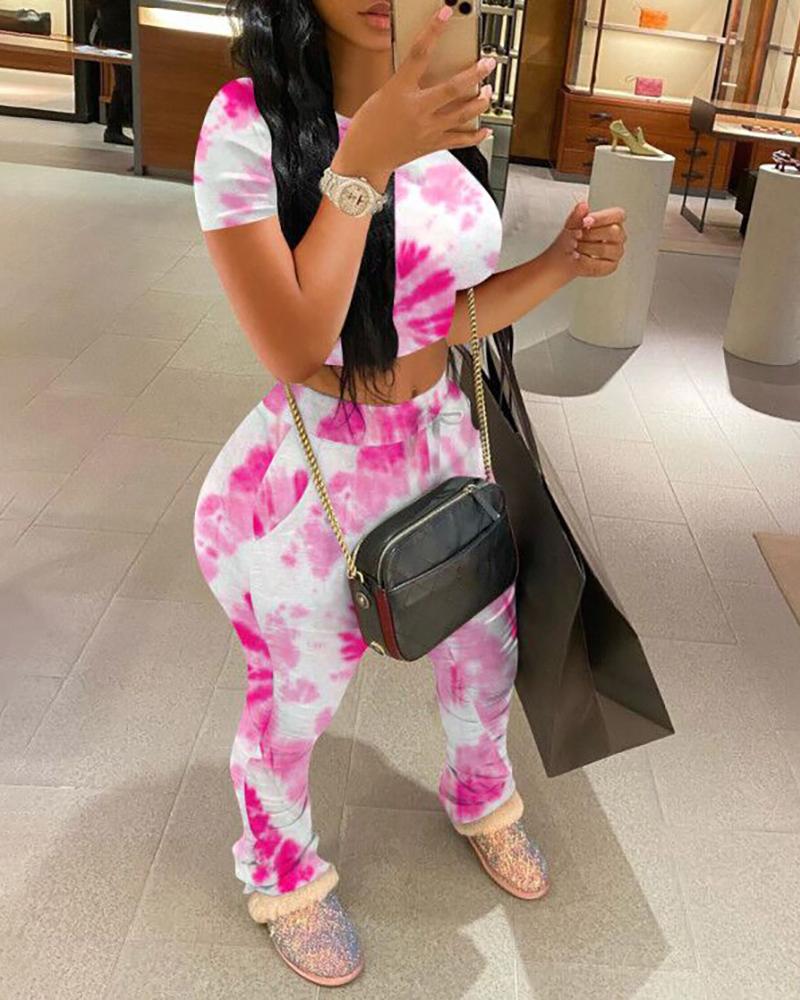 

Tie Dye Print Short Sleeve Casual Top & Pant Set, Pink