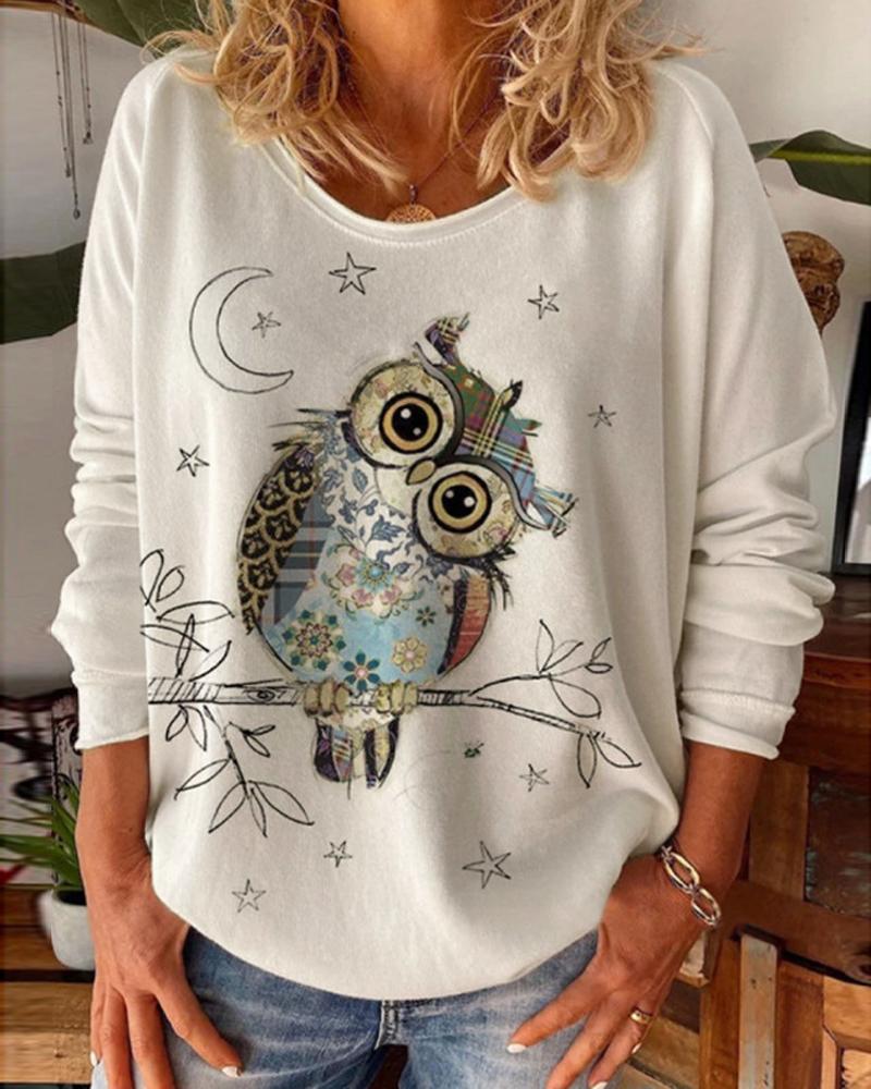 

Owl Pattern Star Print Long Sleeve Sweatshirt, White