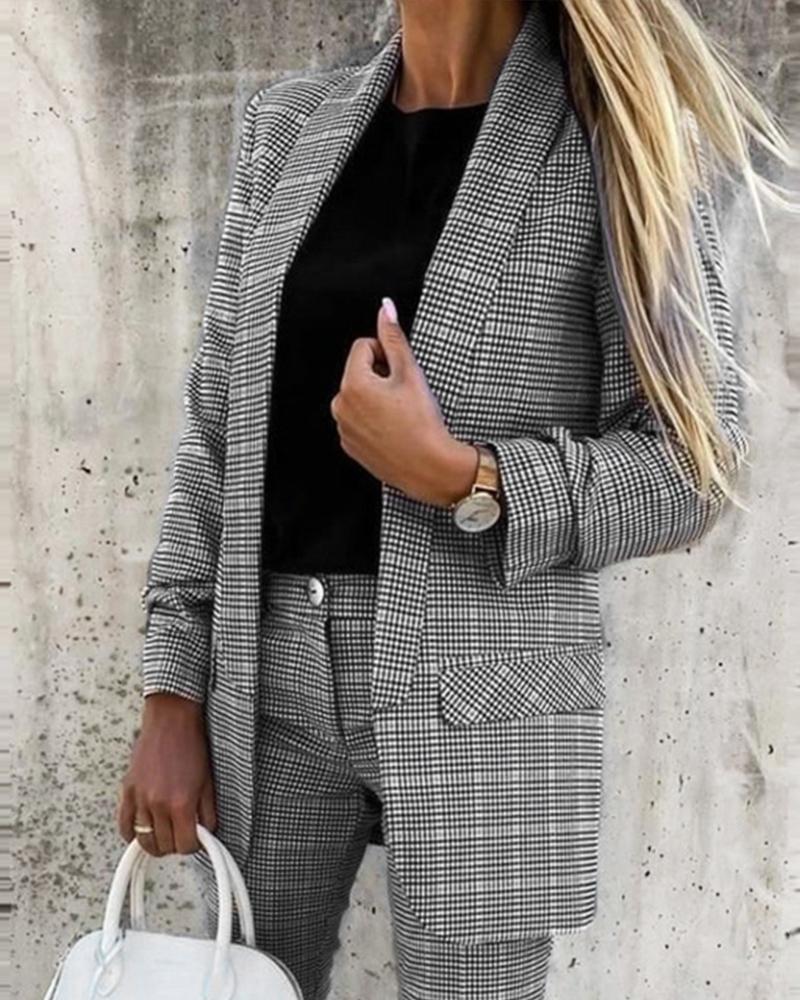

Plaid Print Shawl Collar Flap Detail Blazer, Gray