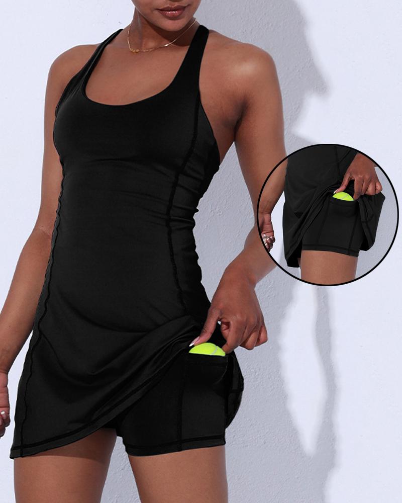 

Crisscross Backless Contrast Piping Dress & Pocket Design Shorts Set, Black