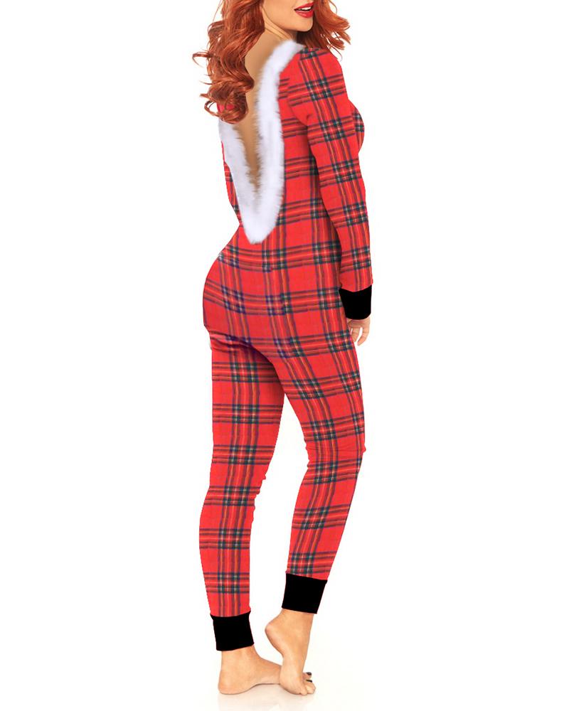 

Feather Detail Backless Plaid Print Lounge Jumpsuit, Red