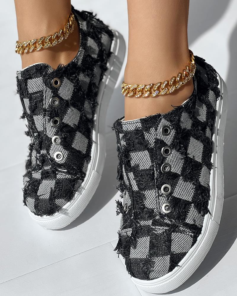 

Denim Look Print Fringe Hem Slip-On Sneakers, Black