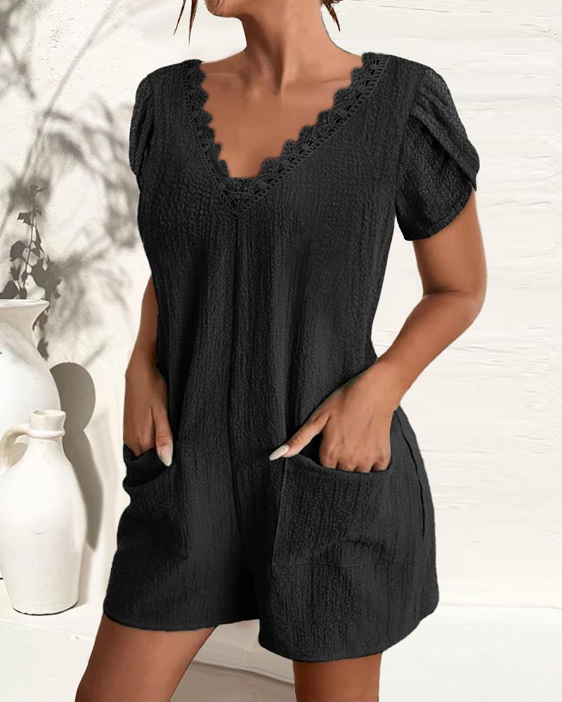 

Lace Patch Petal Sleeve Casual Romper, Black