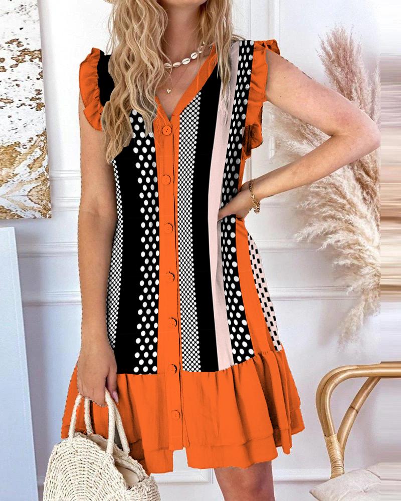 

Polka Dot Print Button Front Ruffles Casual Dress, Orange