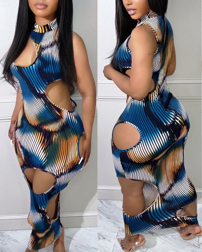 

Allover Print Sleeveless Cutout Bodycon Dress, Blue