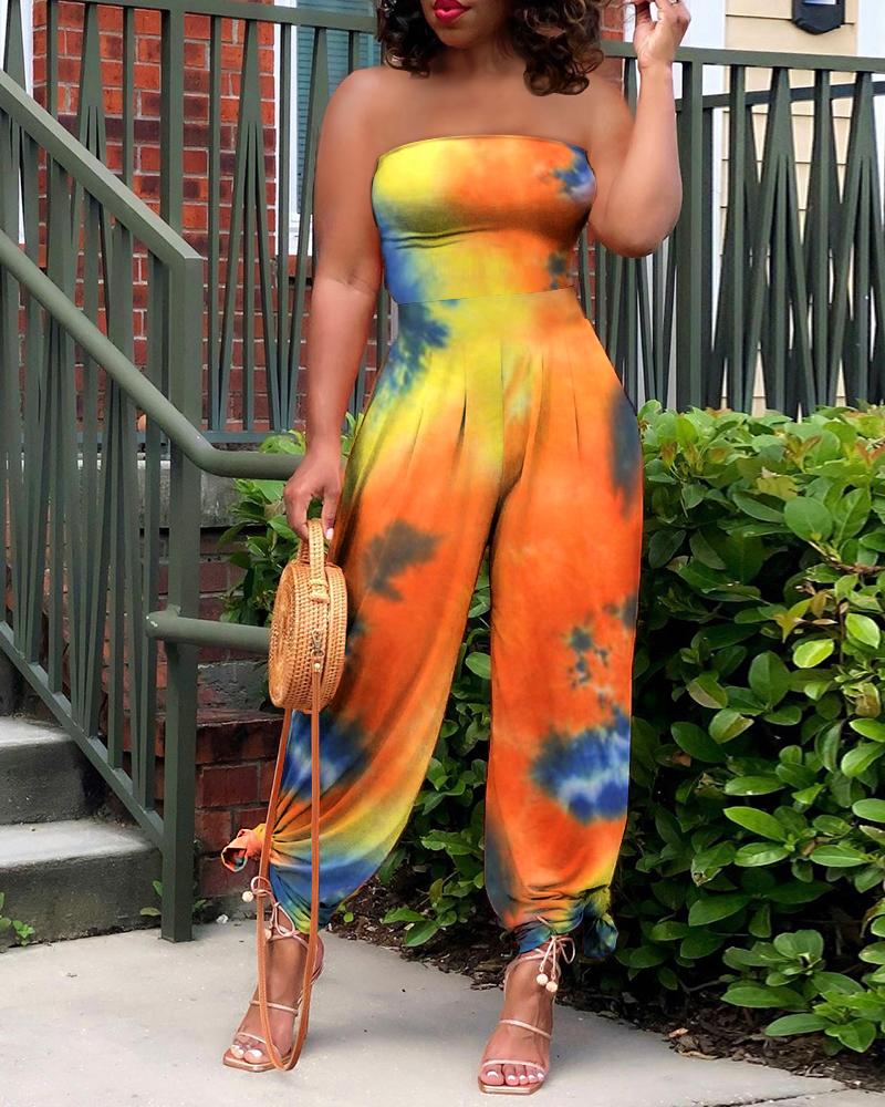 

Tie Dye Print Bandeau Cuffed Jumpsuit, Multicolor