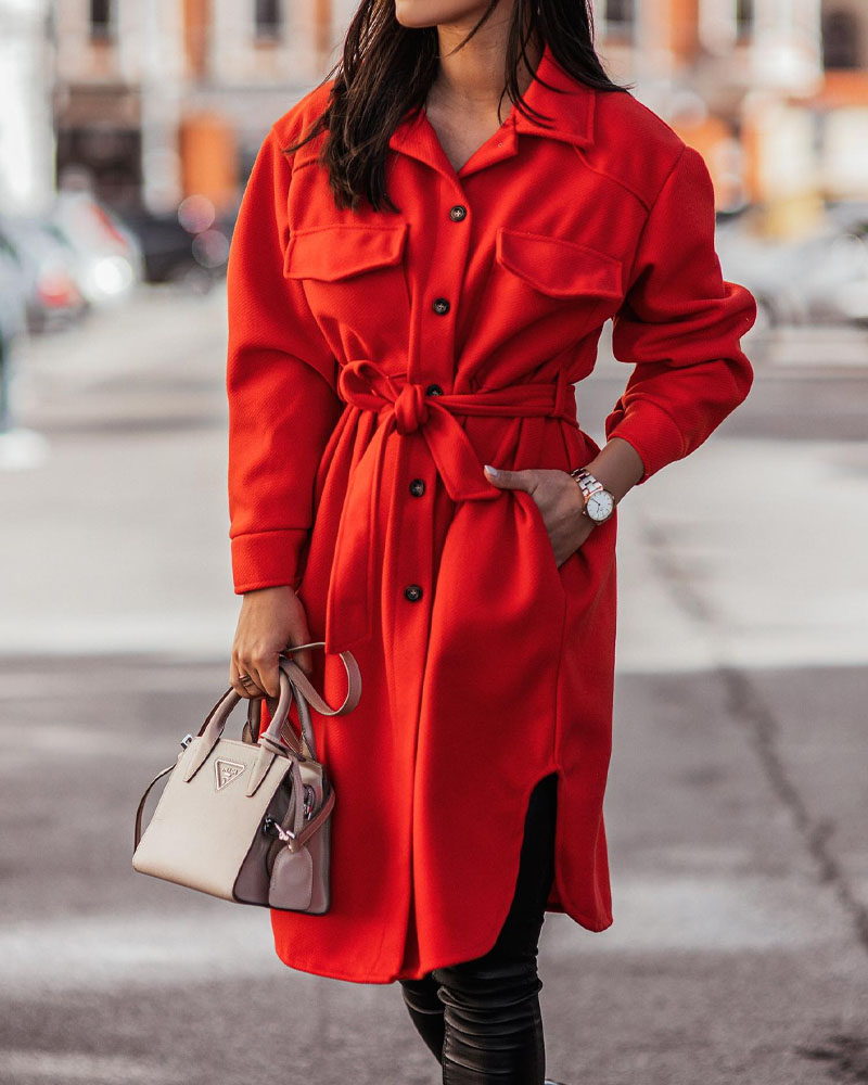 

Long Sleeve Button Front Belted Shacket, Red