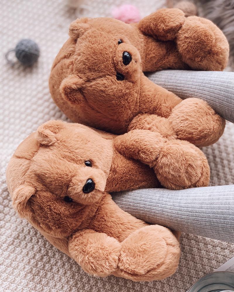 

Fluffy Plain Teddy Bear Slippers, Light brown