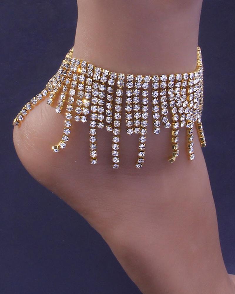 

1pc Allover Rhinestone Tassel Wide Beach Anklet Wedding Bridal Fashion Jewelry, Gold