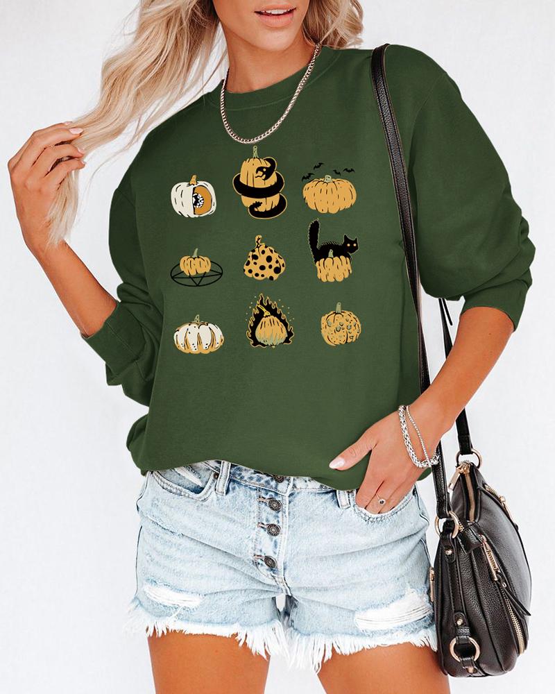 

Halloween Pumpkin Snake Batwing Cat Print Sweatshirt, Green