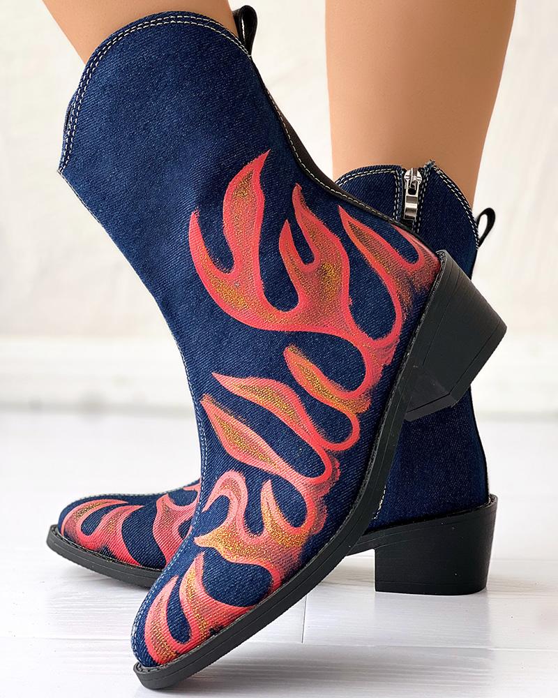 

Fire Graphic Print Point Toe Chunky Heel Ankle Boots, Red