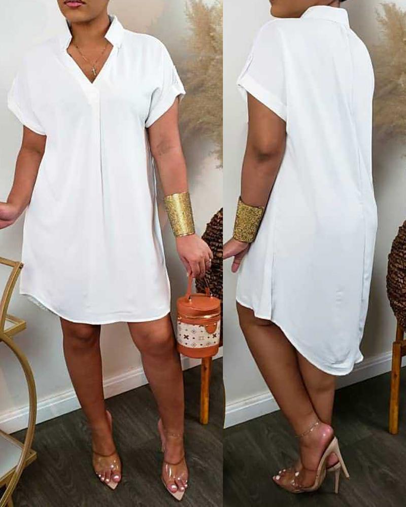 

Plain Short Sleeve Casual Shirt Dress, White