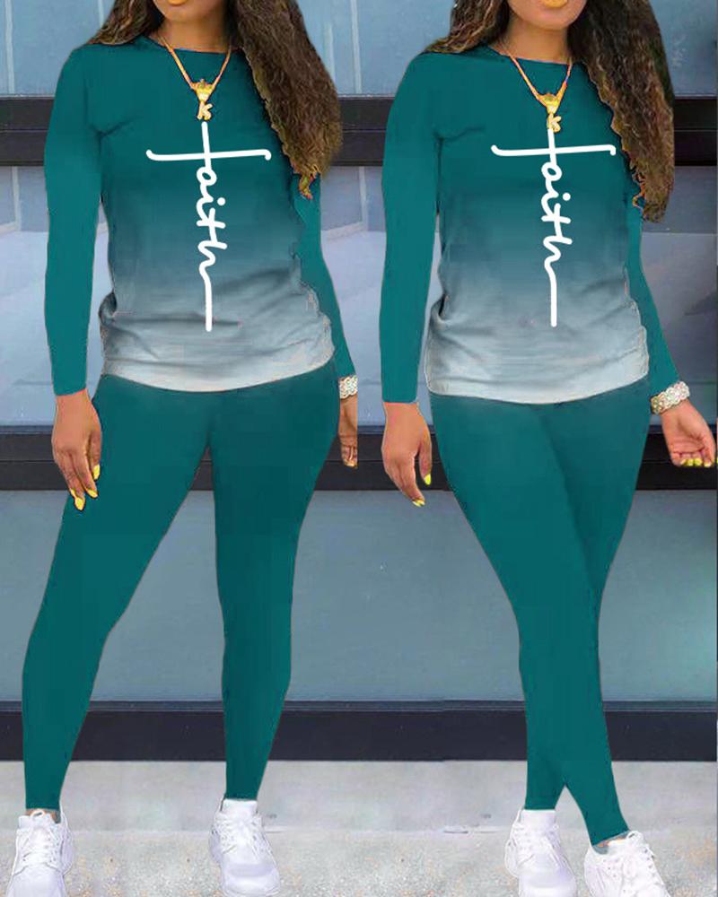 

Ombre Letter Print Top & Pants Set, Green