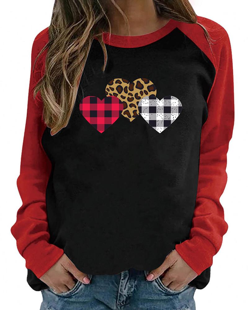 

Valentine' Day Long Sleeve Heart Print Colorblock Top, Style2