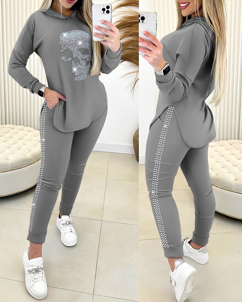 

Halloween Rhinestone Skull Pattern Hooded Top & Pants Set, Gray