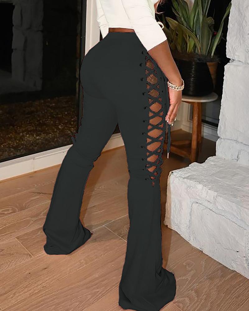 

Eyelet Lace-up Bootcut Pants, Black